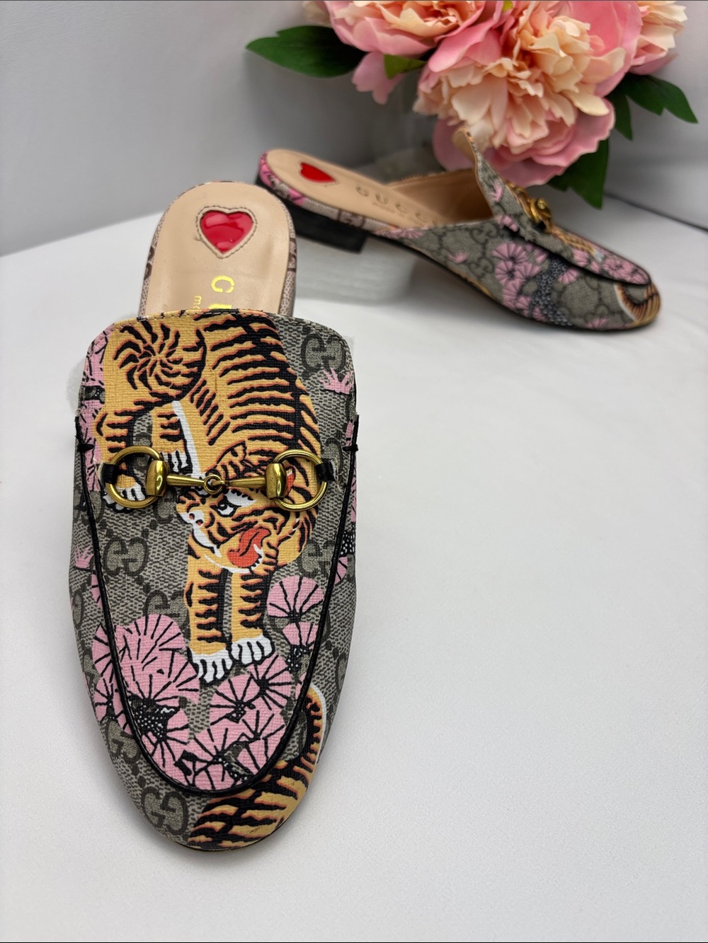 Gucci Princetown Mules Bengal Tiger Floral Print GG Canvas Gold Horsebit #437
